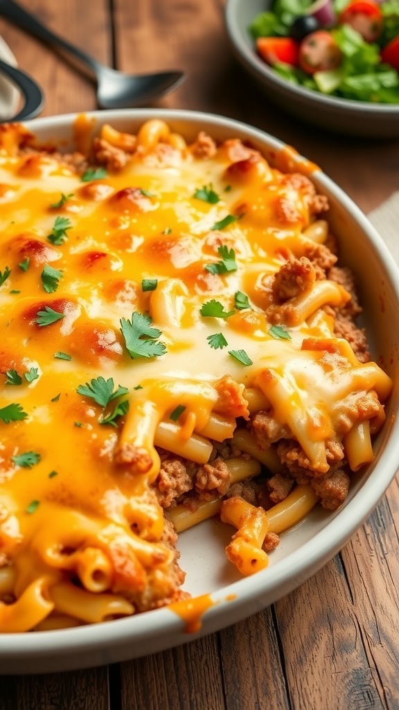 Cheesy hamburger casserole with ground beef and pasta in a 9x13 dish, garnished with parsley.